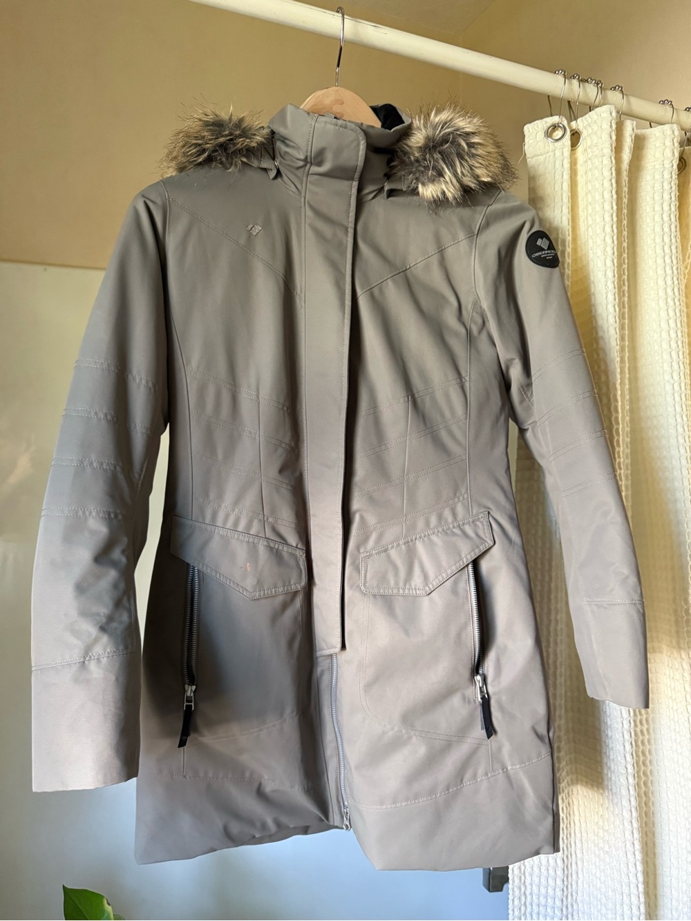 Obermeyer Taupe Ski Jacket with Faux Fur Trim Hood